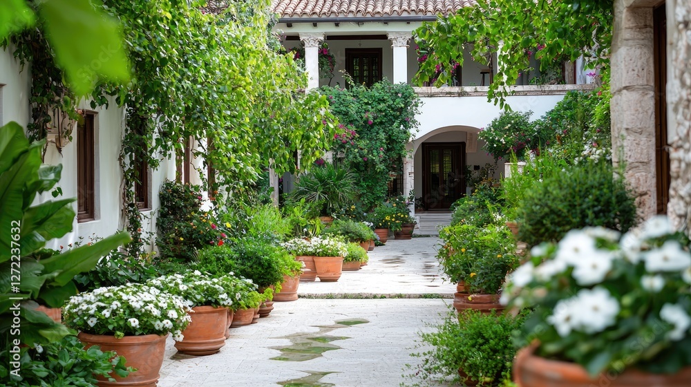 Naklejka premium Lush Courtyard Garden, Mediterranean Villa, Tranquil Escape, Stock Photo