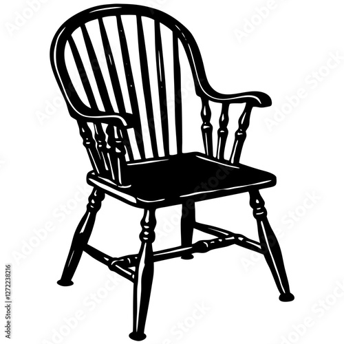 Windsor Chair Vector Illustration – Cartoon, Clipart & Line Art Design, Vector illustration of a Windsor chair in cartoon, clipart, and line art style, perfect for digital use.