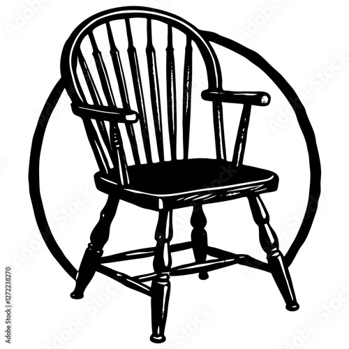 Windsor Chair Vector Illustration – Cartoon, Clipart & Line Art Design, Vector illustration of a Windsor chair in cartoon, clipart, and line art style, perfect for digital use.