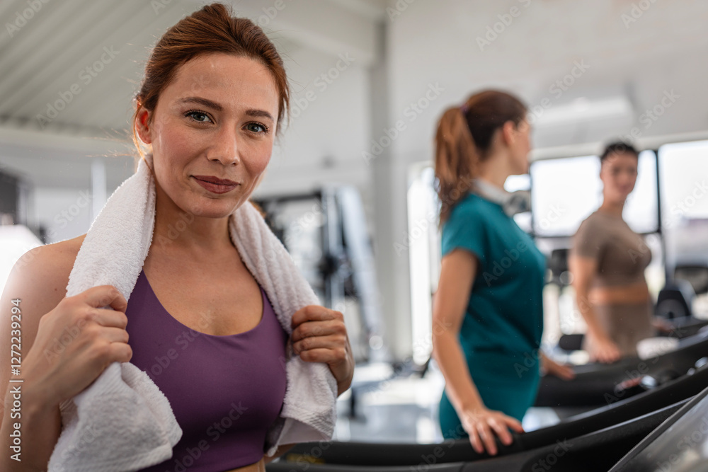 Obraz premium Female gym members exercise and socialize in a fitness center