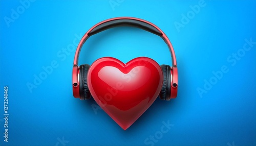 volumetric red Heart in headphones on a blue background. vector illustration. Music love concept
