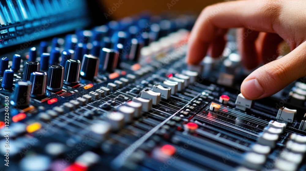 Closeup of an audio mixer with multiple channels showcasing the engineers hands as they deftly manipulate sliders while sound waveforms on a computer screen reflect the changes being Closeup of an audio mixer with multiple channels showcasing the engineers hands as they deftly manipulate sliders while sound waveforms on a computer screen reflect the changes being