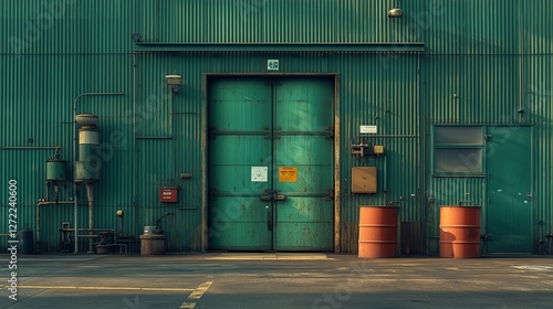 A green warehouse with a large door and two orange barrels in front under bright lighting