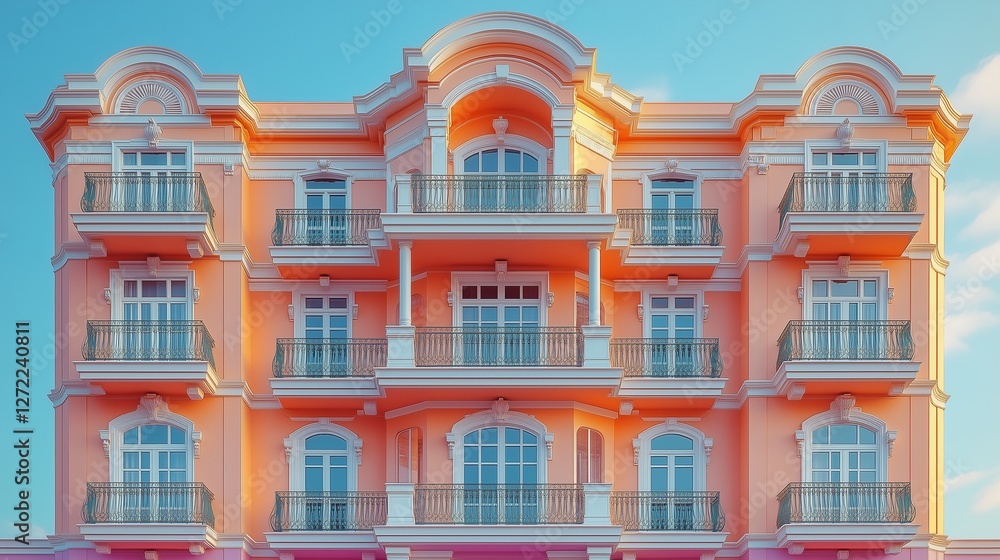 Obraz premium A grand pink building with ornate balconies and large windows under a clear blue sky