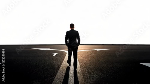 A man stands at a crossroads, contemplating a decision. He gazes at two directional arrows, one pointing left and the other right, symbolizing choices and life's pivotal moments.