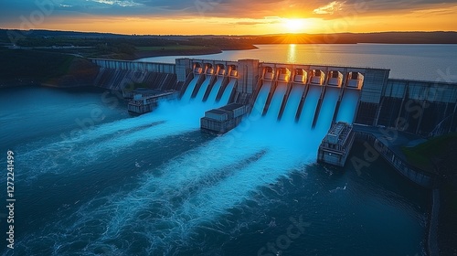 A majestic dam releasing water at sunset with the sun casting a warm glow over the entire structure and surrounding landscape