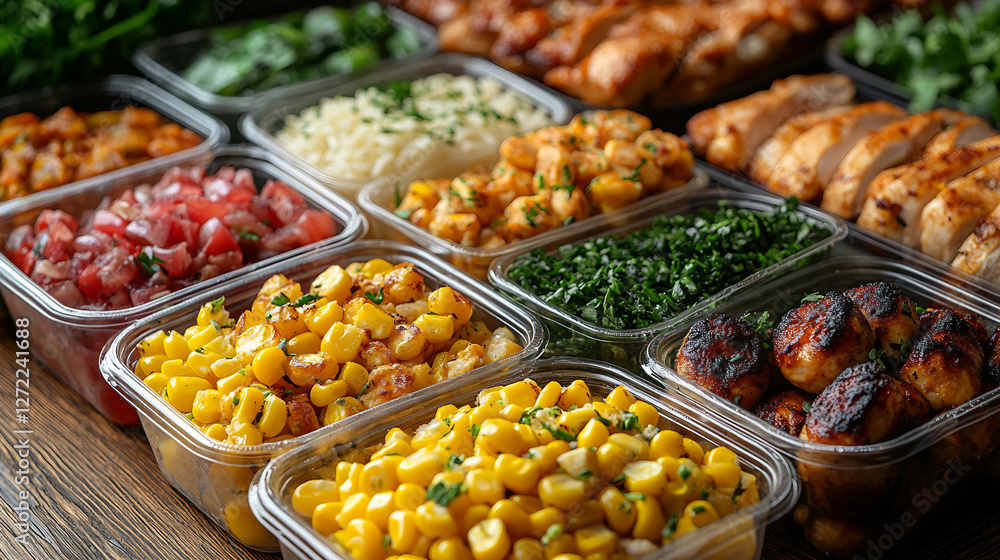 A variety of food is displayed in plastic containers on a wooden table. The food includes chicken, rice, corn, and vegetables. The presentation is colorful and appetizing, making it an inviting meal A variety of food is displayed in plastic containers on a wooden table. The food includes chicken, rice, corn, and vegetables. The presentation is colorful and appetizing, making it an inviting meal