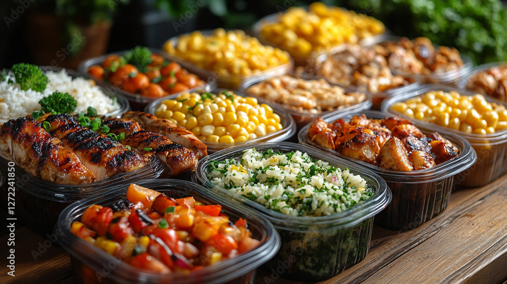 Obraz premium A variety of food is displayed in plastic containers on a wooden table. The food includes chicken, rice, corn, and vegetables. The presentation is colorful and appetizing, making it an inviting meal
