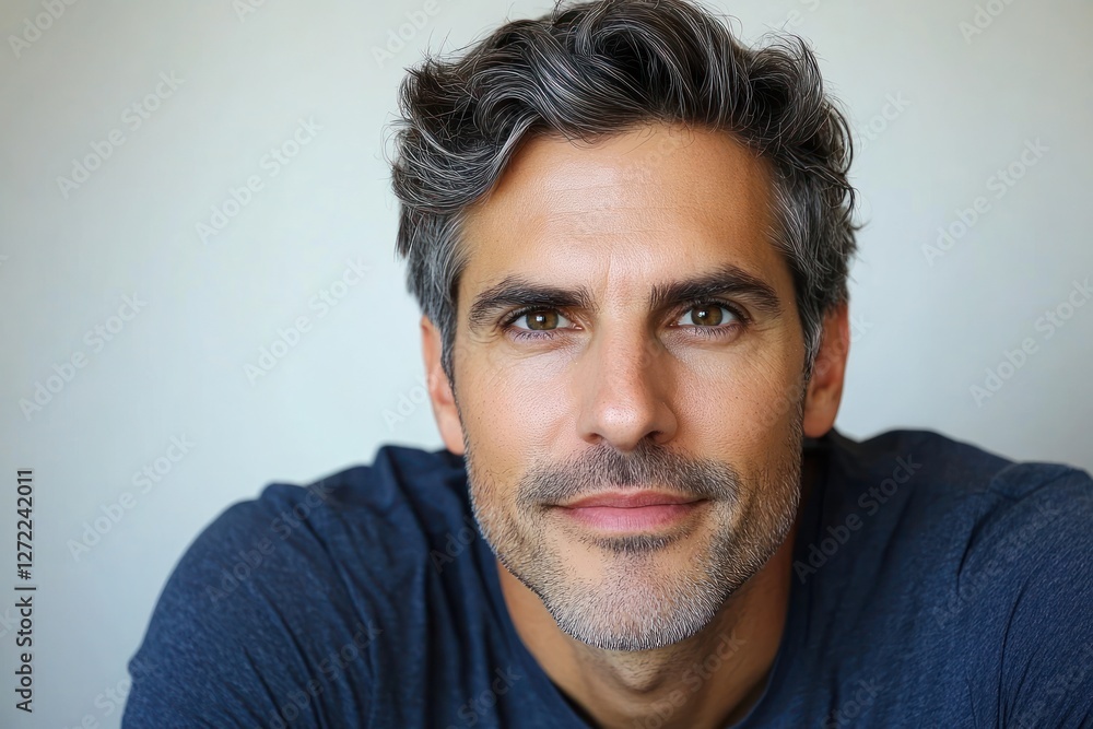 Handsome man with gray hair smiling warmly against a neutral background in a casual shirt Handsome man with gray hair smiling warmly against a neutral background in a casual shirt