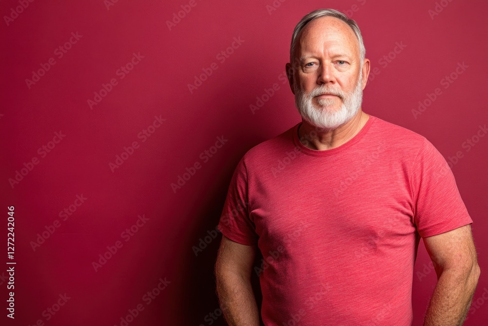 Mature man with beard poses confidently against a bold red background in casual shirt Mature man with beard poses confidently against a bold red background in casual shirt