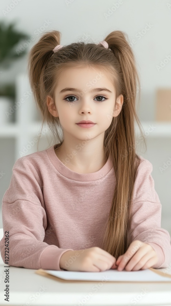 A young girl with long brown hair and pink shirt sitting at a table with a piece of paper in front of her A young girl with long brown hair and pink shirt sitting at a table with a piece of paper in front of her