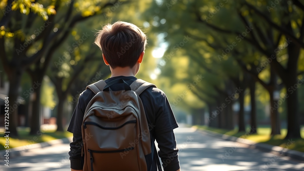 A young boy stands on a quiet, tree-lined street, gazing ahead, suggesting a sense of adventure or contemplation on a sunny day. A young boy stands on a quiet, tree-lined street, gazing ahead, suggesting a sense of adventure or contemplation on a sunny day.