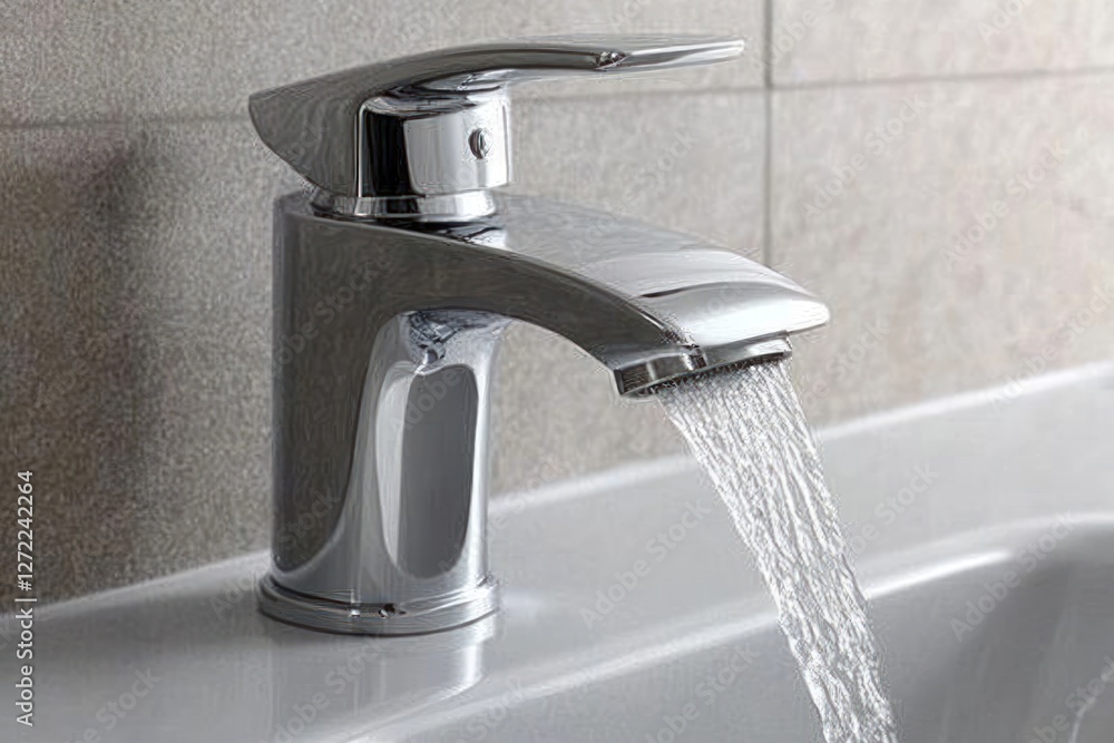 Modern bathroom faucet with running water and elegant design in a stylish setting Modern bathroom faucet with running water and elegant design in a stylish setting