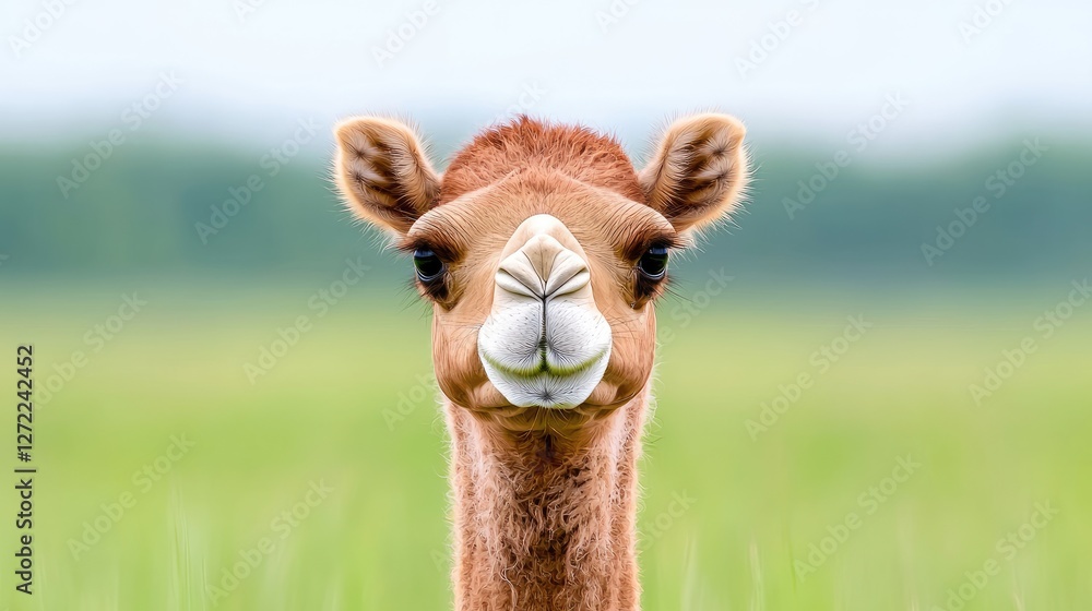 Obraz premium Young camel portrait, grassy field, sunny day, wildlife