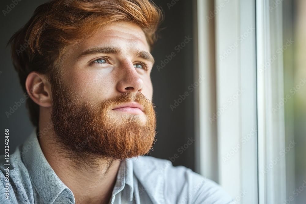 Thoughtful man gazing out the window, reflecting on life in a cozy interior space during daytime Thoughtful man gazing out the window, reflecting on life in a cozy interior space during daytime