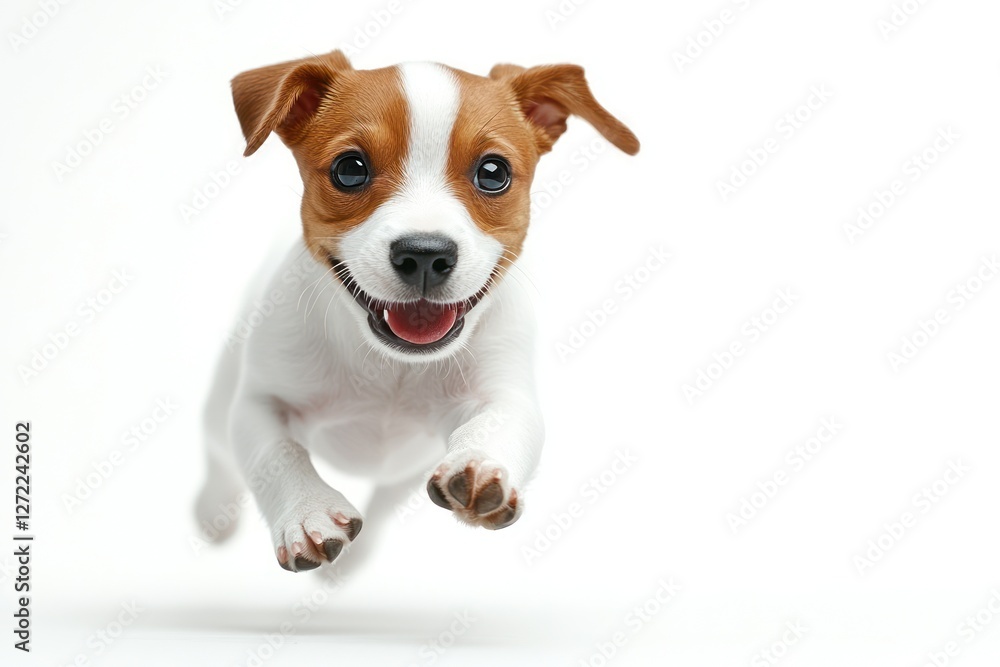 Playful puppy jumps with joy in a bright, minimalistic setting capturing its lively spirit Playful puppy jumps with joy in a bright, minimalistic setting capturing its lively spirit
