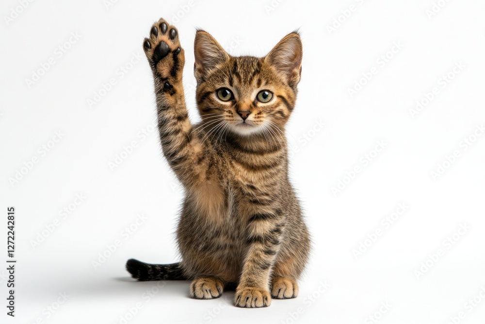 Cute tabby kitten raising paw in playful gesture against plain background Cute tabby kitten raising paw in playful gesture against plain background