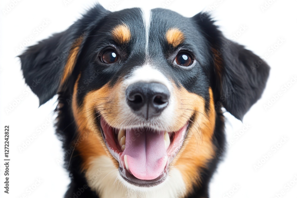 Happy dog with a joyful expression and bright eyes posing against a white background Happy dog with a joyful expression and bright eyes posing against a white background