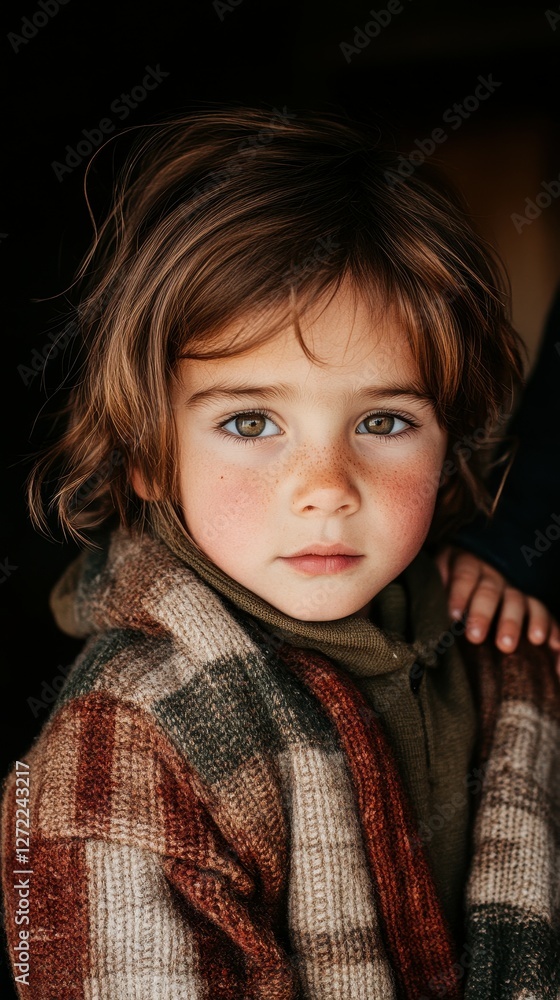 A young girl with brown hair and green eyes is wearing a green hoodie and a brown and red plaid scarf A young girl with brown hair and green eyes is wearing a green hoodie and a brown and red plaid scarf