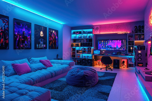 Modern neon interior of teenage room with screens and posters, computer gaming setup with led light, concept of design.