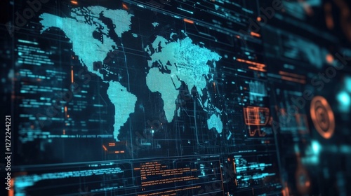 A minimalist dashboard layout emphasizing a large realtime threat map highlighting ongoing cyber threats with dynamic markers. Below a detailed list of top security alerts appears showcasing