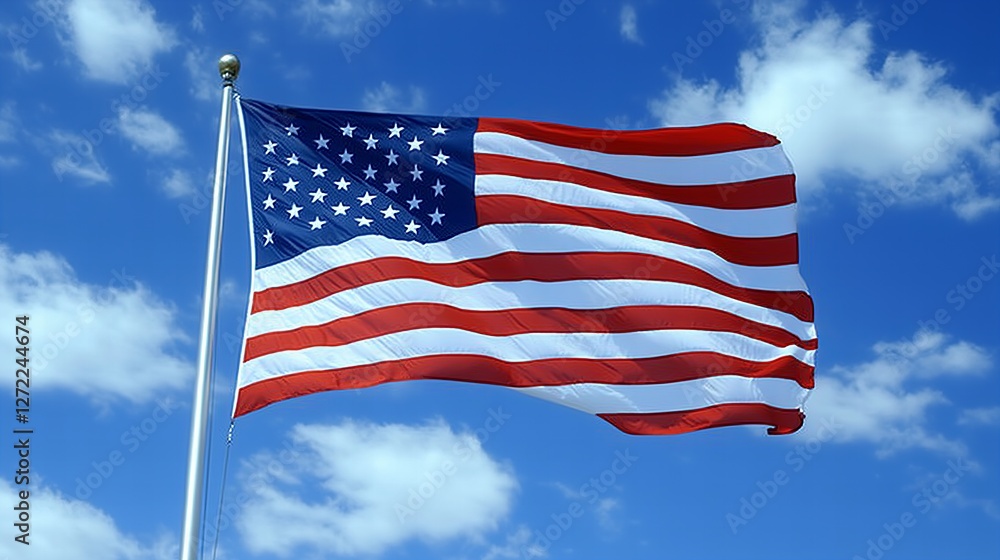 American Flag Waves Proudly against a vibrant Blue Sky with White Clouds American Flag Waves Proudly against a vibrant Blue Sky with White Clouds