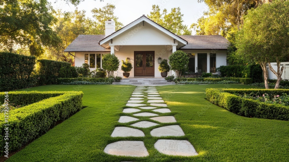Charming white suburban house with manicured lawn and stone pathway Charming white suburban house with manicured lawn and stone pathway