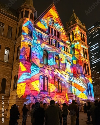 A historic building illuminated by colorful digital projections at night, creating a stunning immersive art display