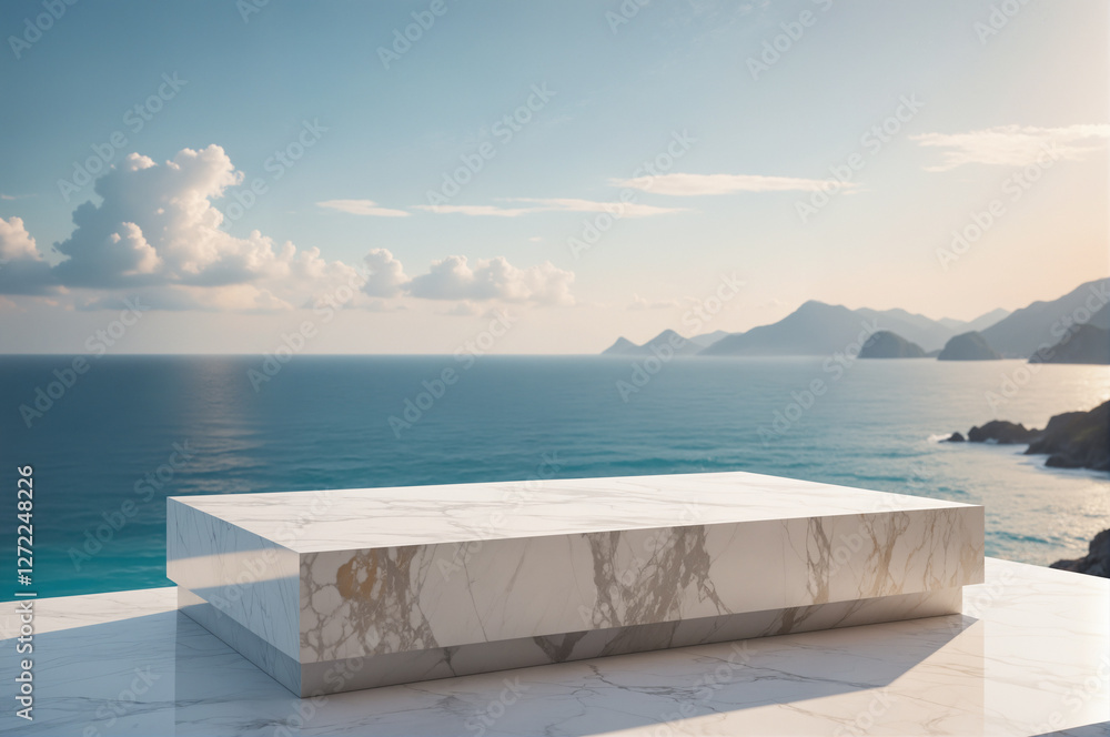 Fototapeta premium Empty marble podium displaying products with ocean view background