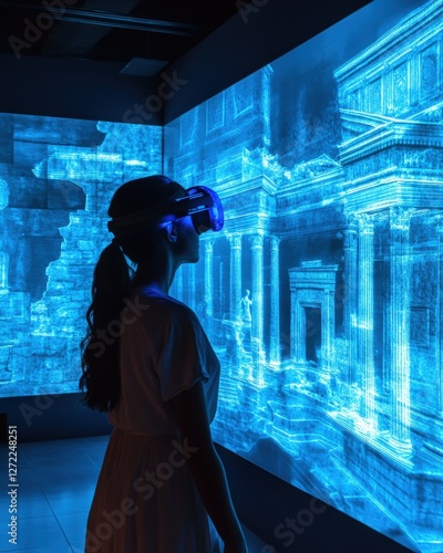 A person exploring an ancient city reconstruction in VR, surrounded by glowing holographic ruins in a futuristic museum