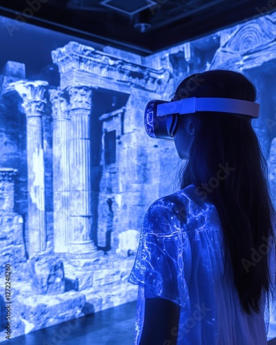 A person exploring an ancient city reconstruction in VR, surrounded by glowing holographic ruins in a futuristic museum