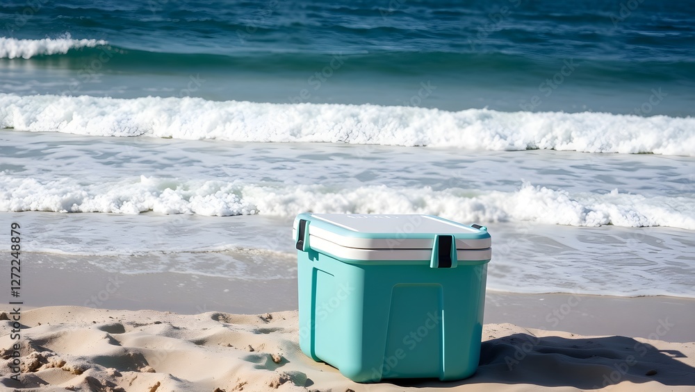A turquoise cooler sits on the sandy beach, waves gently lapping at the shore under a clear blue sky. A turquoise cooler sits on the sandy beach, waves gently lapping at the shore under a clear blue sky.