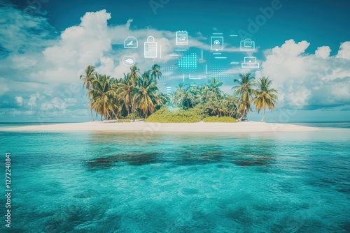 A tropical island surrounded by crystal-clear water with digital technology icons floating above, symbolizing connectivity and innovation in remote locations