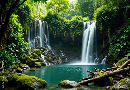 Tropical Twin Waterfalls and Pool with Lush Vegetation