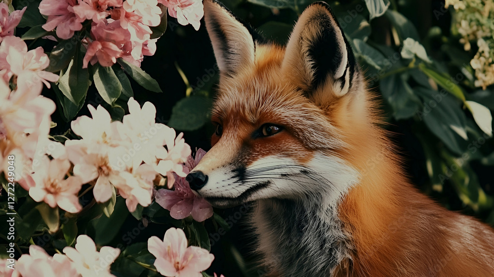 Obraz premium Red Fox in Blossoming Garden