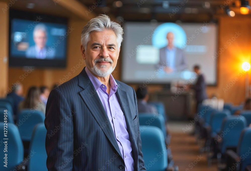 Portrait of handsome elderly elegant business man entrepreneur at meeting in conference room
