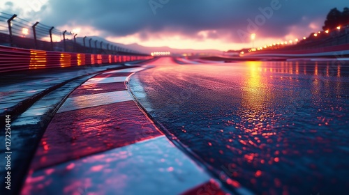 A wet race track reflecting the vibrant colors of the sunset and surrounding lights