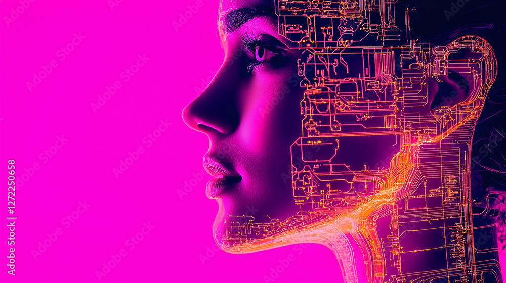 Woman's Profile, Circuitry Overlay, Pink Background, AI Concept, Tech Illustration Woman's Profile, Circuitry Overlay, Pink Background, AI Concept, Tech Illustration