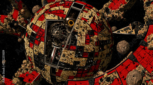 Fototapeta Naklejka Na Ścianę i Meble -  Damaged Space Station Orbiting Asteroids