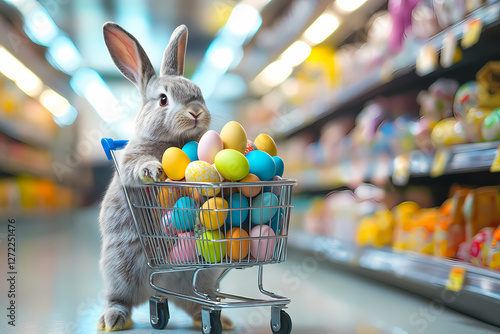Easter Bunny Shopping Spree: A whimsical Easter bunny joyfully pushes a shopping cart filled with colorful eggs down the aisle of a supermarket.