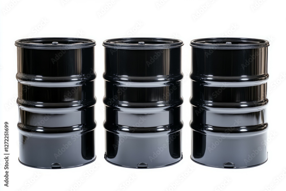 Three black metal barrels on white background. Neural network AI generated Three black metal barrels on white background. Neural network AI generated