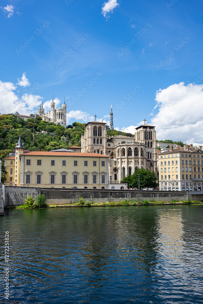 Fototapeta premium Picturesque historical buildings on the bank of Saone River. Lyon, Region Auvergne-Rhone-Alpes, France.