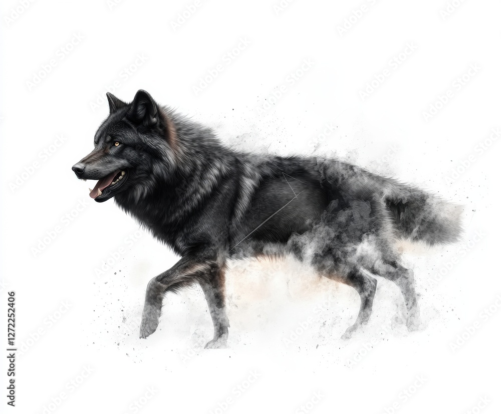 Fototapeta premium Black wolf in motion with smoky background effect