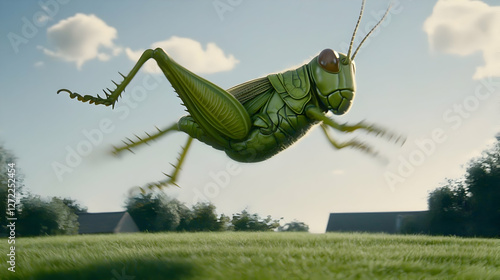 Leaping grasshopper in a field, sunny day, houses in background.  Possible use educational, nature, science photo