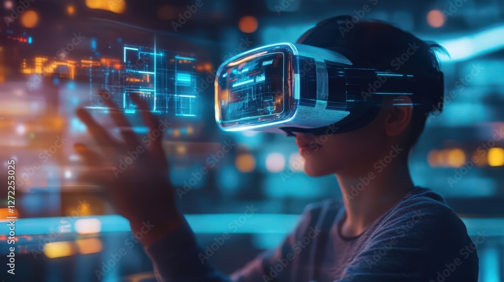 Immersive Virtual Reality Experience: Child Exploring Digital Worlds with VR Headset Immersive Virtual Reality Experience: Child Exploring Digital Worlds with VR Headset