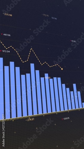 Animated digital bar graph declines, showing financial loss, stock market crash with downward trend arrow, crisis, bankruptcy, copy space.