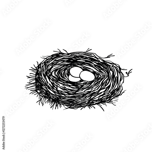 Bird nest with eggs. Easter hand drawn vector illustration, template design.