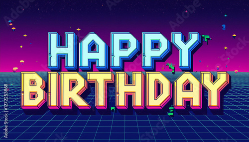 A vibrant retro-inspired happy birthday background is showcased, featuring bold, blocky letters in bright colors. The design incorporates fun elements, evoking a cheerful atmosphere perfect for birthd photo