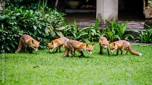 Red foxes foraging on lush lawn, tropical garden background photo