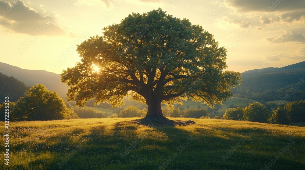 Fototapeta premium Majestic Large Green Tree in Sunlit Forest Setting
